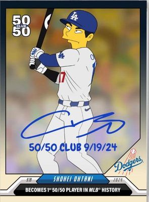 Shohei Ohtani 50/50 Club commemorative baseball card featuring a Simpsons-style caricature of the player in a Los Angeles Dodgers...