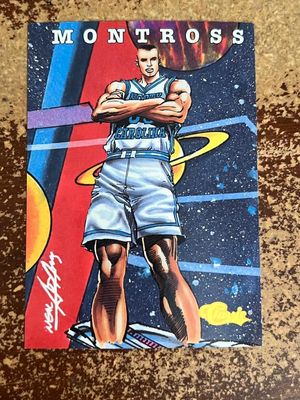 1994 Classic Eric Montross basketball card featuring comic-style artwork by Neal Adams.