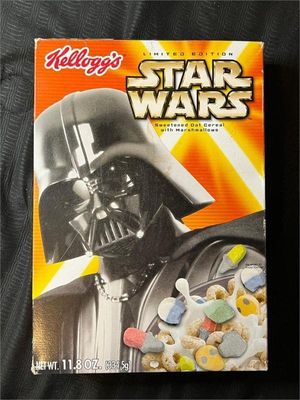 Vintage Kellogg's Star Wars limited edition cereal box featuring Darth Vader, circa 2005.