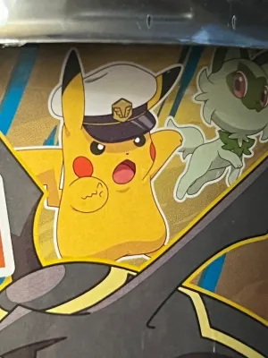 Close-up of a Pokémon product package featuring Captain Pikachu and Sprigatito illustrations.