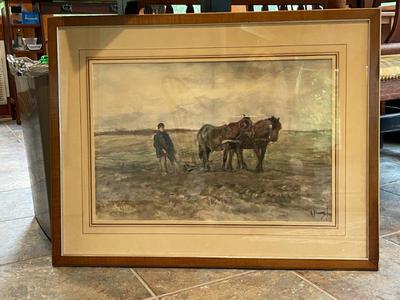 Listed artist Anton Mauve (1838-1888) watercolor  "Plowing the Field"