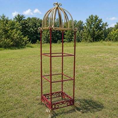 1090 Pair of Monumental Red & Gold Metal Garden Obelisks / Plant Stands