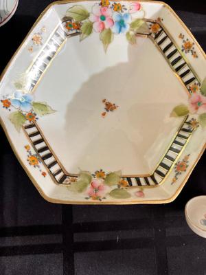 Hexagon Antique Handpainted Nippon Japan Gold Footed Bowl