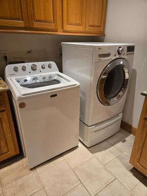 Maytag Washer And LG True Steam Front Load Dryer With Base