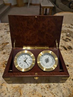 Selco Desk Clock And Thermometer Weasther Station Set In Wood Box