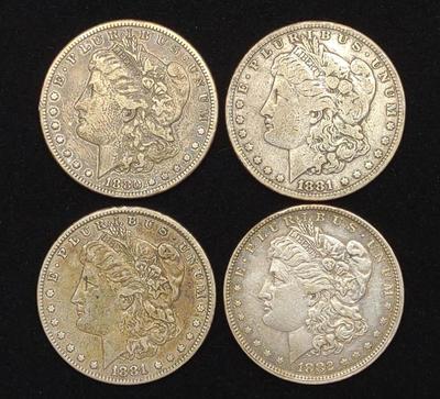 4 Morgan Dollar US Coins (1880,1881O, 1881, 1882O)