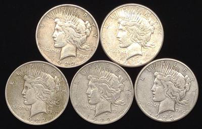 (5) Peace Dollar US Coins (1922-S, 1922-D, 1923-S)