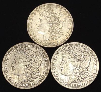 (3) Morgan Dollar US Coins (1879,1887-O & 1888)