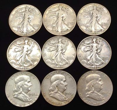 9 Walking Liberty & Franklin Half Dollar US Coins