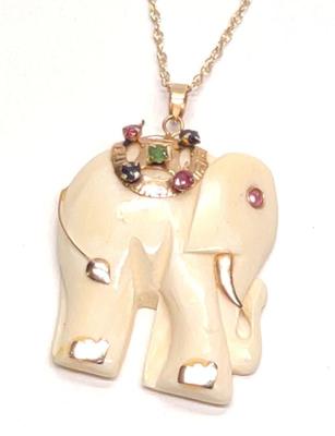 14K Gold Gemstone Elephant Pendant & Chain (18")