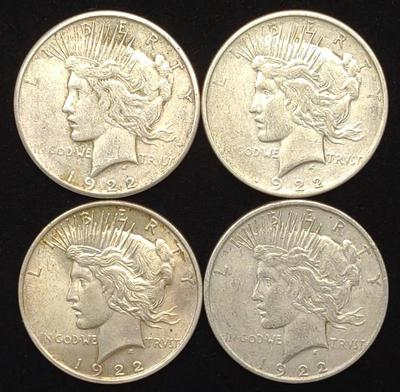 (4) Peace Dollar US Coins (1922, 1922-S, 1922-D)
