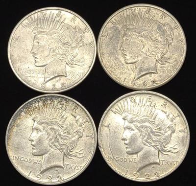 (4) Peace Dollar US Coins (1922-S & 1922 D)