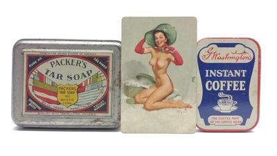 3 Vintage Advertising Tins & Pin-Up Calendar Card