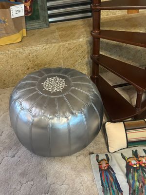 CIRCLE STAIRCASE BOOK SHELF, SHINY SILVER OTTOMAN AND MORE