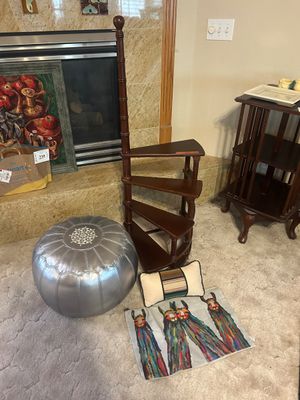 CIRCLE STAIRCASE BOOK SHELF, SHINY SILVER OTTOMAN AND MORE