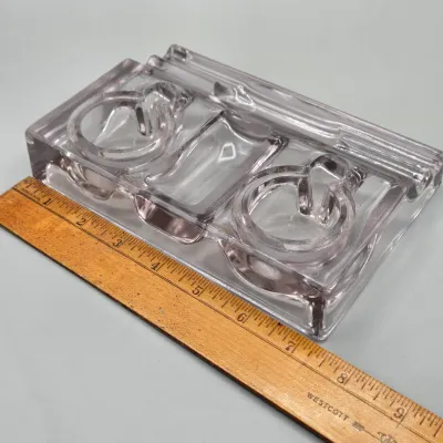 LOT 65L: Heavyweight Glass Self Closing Ink Stand with Bakelite Lid and Dual Inkwell & Pen Holder Desk Accessory Heavy Clear Glass...
