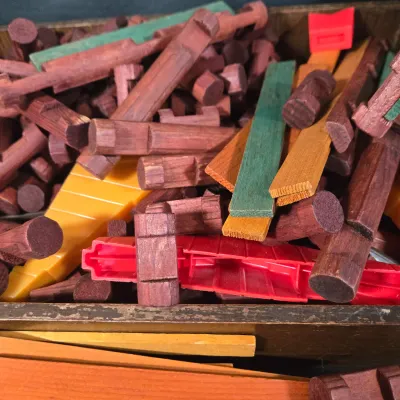 LOT 44L: Vintage Lincoln Logs, Dominos, Mini Wooden Bowling Set and Various Plastic Toys
