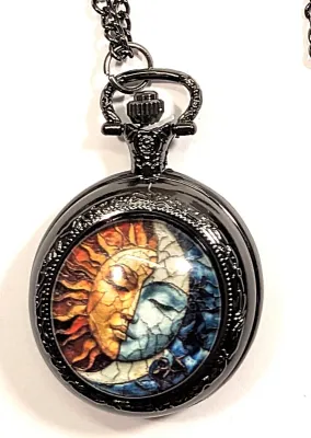 Sale Photo Thumbnail #93: Colorful "SUN & MOON" POCKET WATCH with Black Chain (30" L . Chain/Lobster Clasp) and BLACK Tone Case & Setting**EXTRA BATTERY INCLUDED**

Dial: Analog
Opening: Top-Push Knob
ALL ITEMS SHIPPED FREE