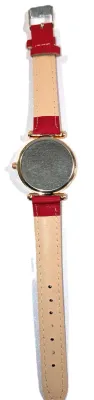 GLITTERY *9* LOVE *PINK 5* HEART* WATCH with BAND: (RED/Faux Leather 8¾") DIAL: (1¼" BLACK, Jeweled Rose Gold Beveled Surround...