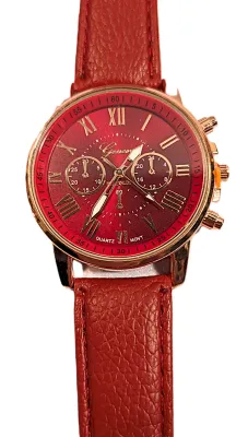 Sale Photo Thumbnail #134: RED Double Dials WATCH + Luminescent Hands-BAND: (Red 9" Faux Leather) DIAL: (1½" Red, Round, Rose Gold Edge) BRAND: (Geneva) BATTERY: Button 20 mm  *EXTRA BATTERY INCL.*
ALL ITEMS SHIPPED FREE