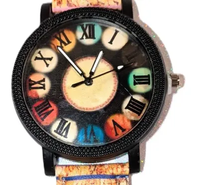 "ROMAN NUMERALS STYLE" WATCH with BAND: (Multicolor STRIPED / Faux Leather 9") DIAL: (1½" Colorful Numbers + ROUND)...