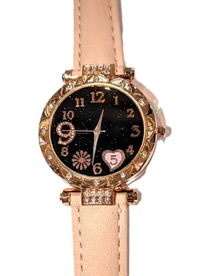 GLITTERY *9* LOVE *PINK 5* HEART* WATCH with BAND: (TAN/Faux Leather 8¾") DIAL: (1¼" BLACK, Jeweled Rose Gold Beveled Surround...