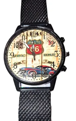 Sale Photo Thumbnail #227: "ROUTE 66" WATCH with BAND: (Black / Glossy Dimpled Rubber 9") DIAL: (1½"  Auto Design + ROUND) BATTERY: Button 20 mm  *EXTRA BATTERY INCL.*
ALL ITEMS SHIPPED FREE
