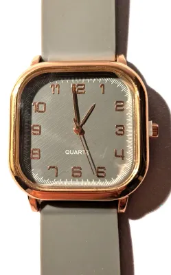 "SQUARE GRAY & GOLD" WATCH with BAND: (GRAY / Rubber 9") DIAL: (1½" Faint Slant Lines + Rose Gold Surround,...