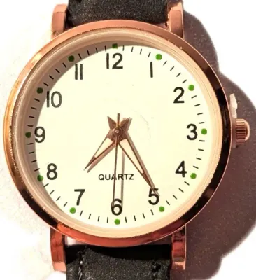 "UNADORNED SIMPLICITY DIAL" WATCH with BAND: (BLACK Faux Leather-Style) DIAL: (1" Luminescent Hands, WHITE with Rose Gold...