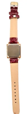"RED & GOLD COLORED SQUARE" WATCH with BAND: (RED GLOSSY "PATENT LEATHER" STYLE 9") DIAL: (1" Roman...