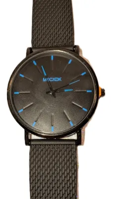 Classic Black WATCH with DIAL (1½", BLUE Minute Lines, Round + Black Frame) BAND: (Black 9½" Rubber) BRAND: (MSCXDK) BATTERY:...