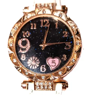 GLITTERY *9* LOVE *PINK 5* HEART* WATCH with BAND: (WHITE/Faux Leather 8¾") DIAL: (1¼" BLACK, Jeweled Rose Gold Beveled...