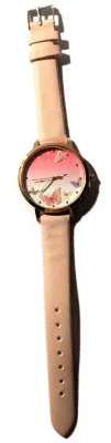 "PINK & WHITE BUTTERFLIES" WATCH with BAND: (LIGHT PINK / Faux Leather 9") DIAL: (1½" Pink & White +Rose Gold...