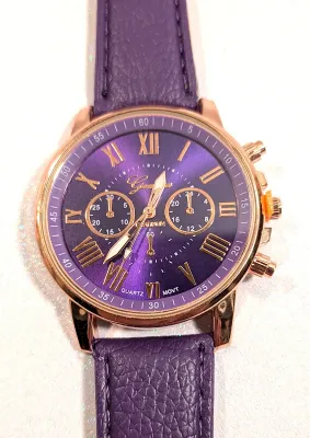 Sale Photo Thumbnail #209: PURPLE Double Dials WATCH + Luminescent Hands-BAND: (Purple 9" Faux Leather) DIAL: (1½" Purple, Round, Rose Gold Edge) BRAND: (Geneva) BATTERY: Button 20 mm  *EXTRA BATTERY INCL.*
ALL ITEMS SHIPPED FREE