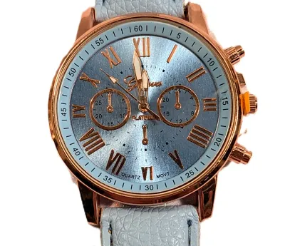 Sale Photo Thumbnail #214: LIGHHT BLUE Double Dials WATCH + Luminescent Hands-BAND: (Light Blue 9" Faux Leather) DIAL: (1½" Blue, Round, Rose Gold Edge) BRAND: (Geneva) BATTERY: Button 20 mm  *EXTRA BATTERY INCL.*
ALL ITEMS SHIPPED FREE