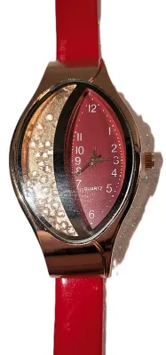 Sale Photo Thumbnail #172: Interesting "MOVEABLE" SPLIT OBLONG RED WATCH with BAND: (Red, THIN Glossy Faux Leather 8½") DIAL: (1"  Half Red + Half Rose Gold with "MOVING CRYSTALS" + OBLONG) BATTERY: Button 20 mm  *EXTRA BATTERY INCL.*