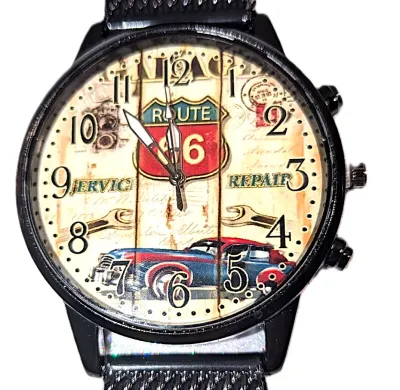Sale Photo Thumbnail #228: "ROUTE 66" WATCH with BAND: (Black / Glossy Dimpled Rubber 9") DIAL: (1½"  Auto Design + ROUND) BATTERY: Button 20 mm  *EXTRA BATTERY INCL.*
ALL ITEMS SHIPPED FREE