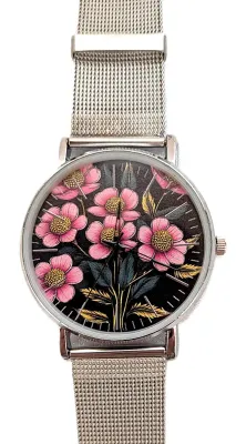 Beautiful "PINK FLOWERS" WATCH with BAND: (Flexible Metal "MESH" Silver Tone 9") DIAL: (1½" Pink Flowers +...
