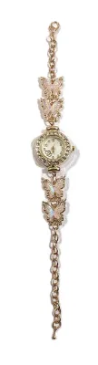 Sale Photo Thumbnail #126: Delicate Style Acrylic PINK ACRYLIC BUTTERFLIES BRACELET WATCH with -BAND: (Metal Chain, Gold Tone (2¼" Opening)) DIAL: (½" Jeweled Surround, Gold Color, Round) BATTERY: Button 20 mm  *EXTRA BATTERY INCL.*
ALL ITEMS SHIPPED FREE