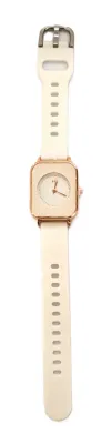 "RECTANGLE BEIGE & WHITE" WATCH with BAND: (White / Rubber 9") DIAL: (1" Simple Design + RECTANGLE) BATTERY:...