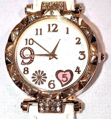 GLITTERY *9* LOVE *PINK 5* HEART* WATCH with BAND: (WHITE/Faux Leather 8¾") DIAL: (1¼" WHITE, Jeweled Rose Gold Beveled...