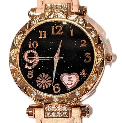GLITTERY *9* LOVE *PINK 5* HEART* WATCH with BAND: (TAN/Faux Leather 8¾") DIAL: (1¼" BLACK, Jeweled Rose Gold Beveled Surround...