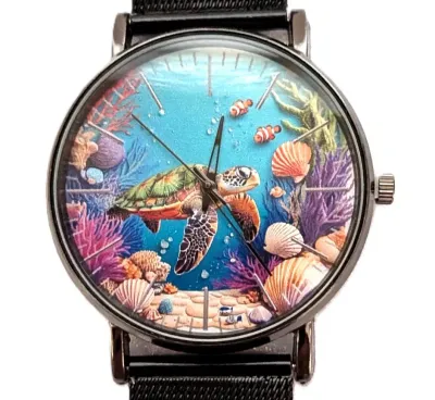 "SEA TURTLE with SHELLS" WATCH with BAND: (Flexible Metal "MESH" BLACK Tone 9") DIAL: (1½" Turtle + ROUND)...