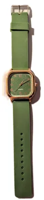 "SQUARE GREEN & GOLD" WATCH with BAND: (Green / Rubber 9") DIAL: (1½" Faint Slant Lines + SQUARE) BATTERY: Button...