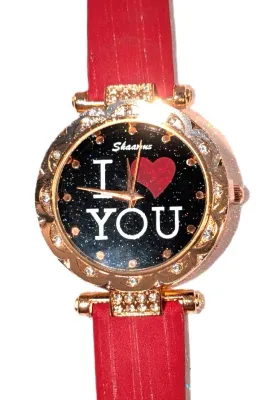 GLITTERY *I LOVE YOU* RED HEART WATCH with BAND: (RED/Rubber 8¾") DIAL: (1¼" BLACK, Jeweled Rose Gold Beveled Surround + ROUND)...