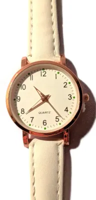 "UNADORNED SIMPLICITY DIAL" WATCH with BAND: (WHITE, Faux Leather-Style) DIAL: (1" Luminescent Hands, WHITE with Rose Gold...