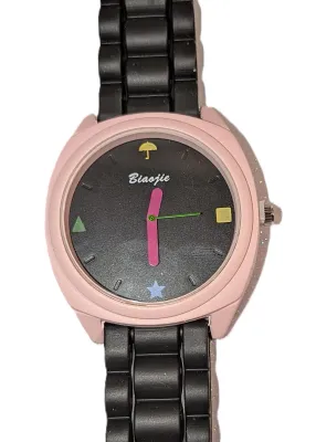 Sale Photo Thumbnail #239: PINK & BLACK WATCH with BAND: (Black with "Rolls" / Rubber 9") DIAL: (1½"  Pink Hour Hands, Black with Pink Surround  + ROUND) BATTERY: Button 20 mm  *EXTRA BATTERY INCL.*
ALL ITEMS SHIPPED FREE