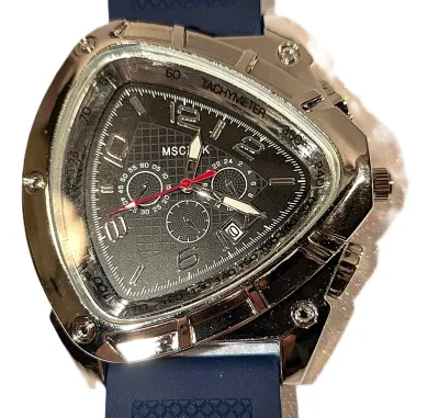 Sale Photo Thumbnail #137: BLACK Triple Dial Inserts WATCH with BAND: (Deep Blue/Metal Accents 10") DIAL: (2"  Black + TRIANGLE) BRAND: (MSCXDK) BATTERY: Button 20 mm  *EXTRA BATTERY INCL.*