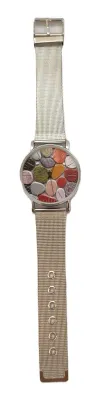 Colorful "FLAT STONES" WATCH with BAND: (Flexible Metal "MESH" Silver Tone 9") DIAL: (1½" Stones + ROUND)...