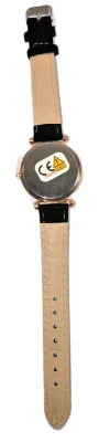 GLITTERY *9* LOVE *PINK 5* HEART* WATCH with BAND: (Black/Faux Leather 8¾") DIAL: (1¼" WHITE, Jeweled Rose Gold Beveled...